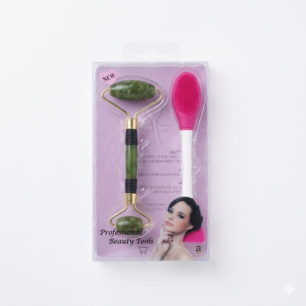 Professional 2-in-1 Face Sculpting & Cleansing Set – Jade Roller & Silicone Face Brush