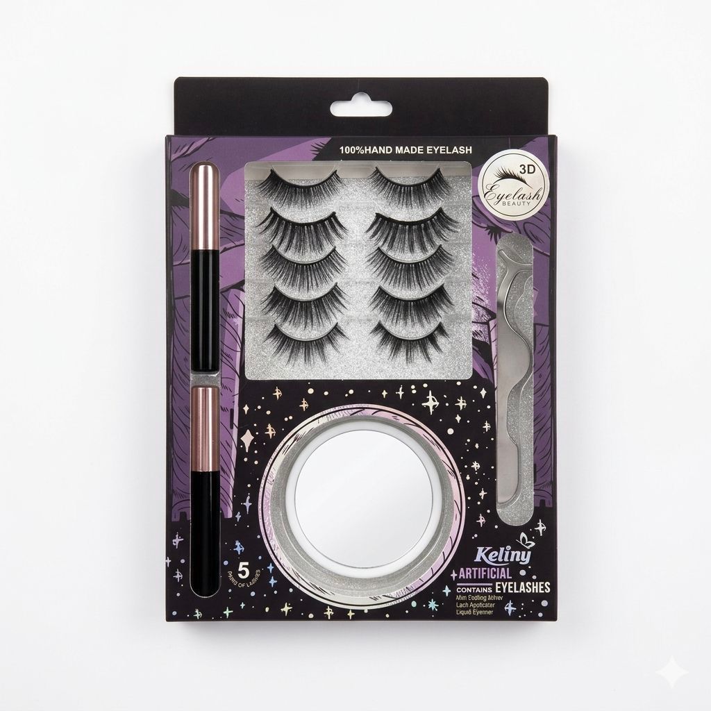 Keliny 5-Pair 3D Artificial Eyelash Kit – Professional Lash & Liner Set
